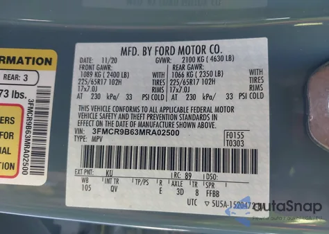 2021 Ford Bronco Sport Big Bend из США, поврежденный, VIN 3FMCR9B63MRA02500